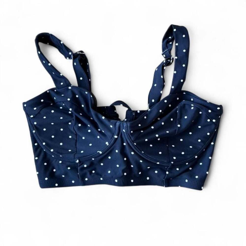 Y2K Unique Vintage Navy Blue Polka Dot Underwire Bikini Top – Size Large